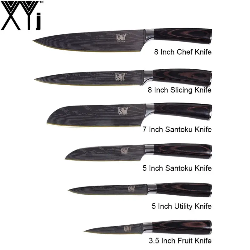 XYj кухонный нож 7cr17 кухонные ножи из нержавеющей стали аксессуары 8 дюймов 7 дюймов 5 дюймов 3,5 дюймов Дамасские вены кухонные ножи - Цвет: A. (6 Pcs Set)