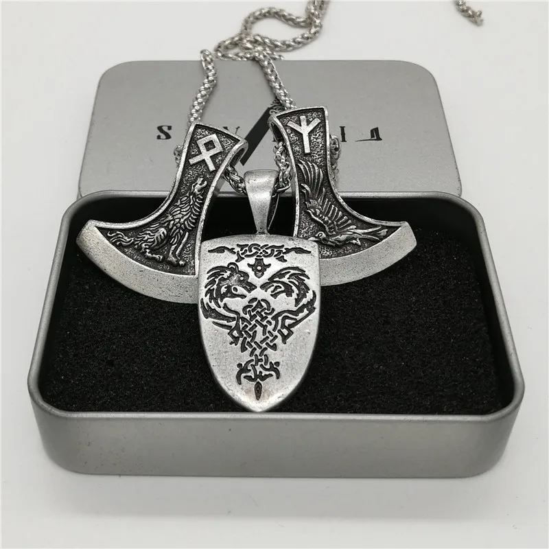 

Vintage Celtics Dragon Wolf pendant A Futhark Axe pagan Jewelry Men necklace 1pc