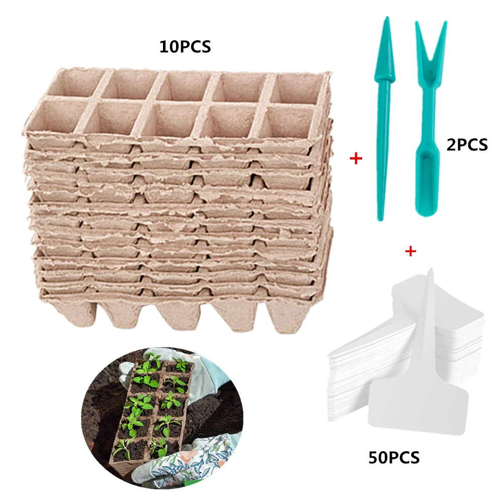 Behogar 10 шт. 10-сетки биоразлагаемые семена стартер торф горшки 24x8,5x5 см+ 2 шт. саженцы дибберы+ 50 шт. этикетки для растений бирки для сада