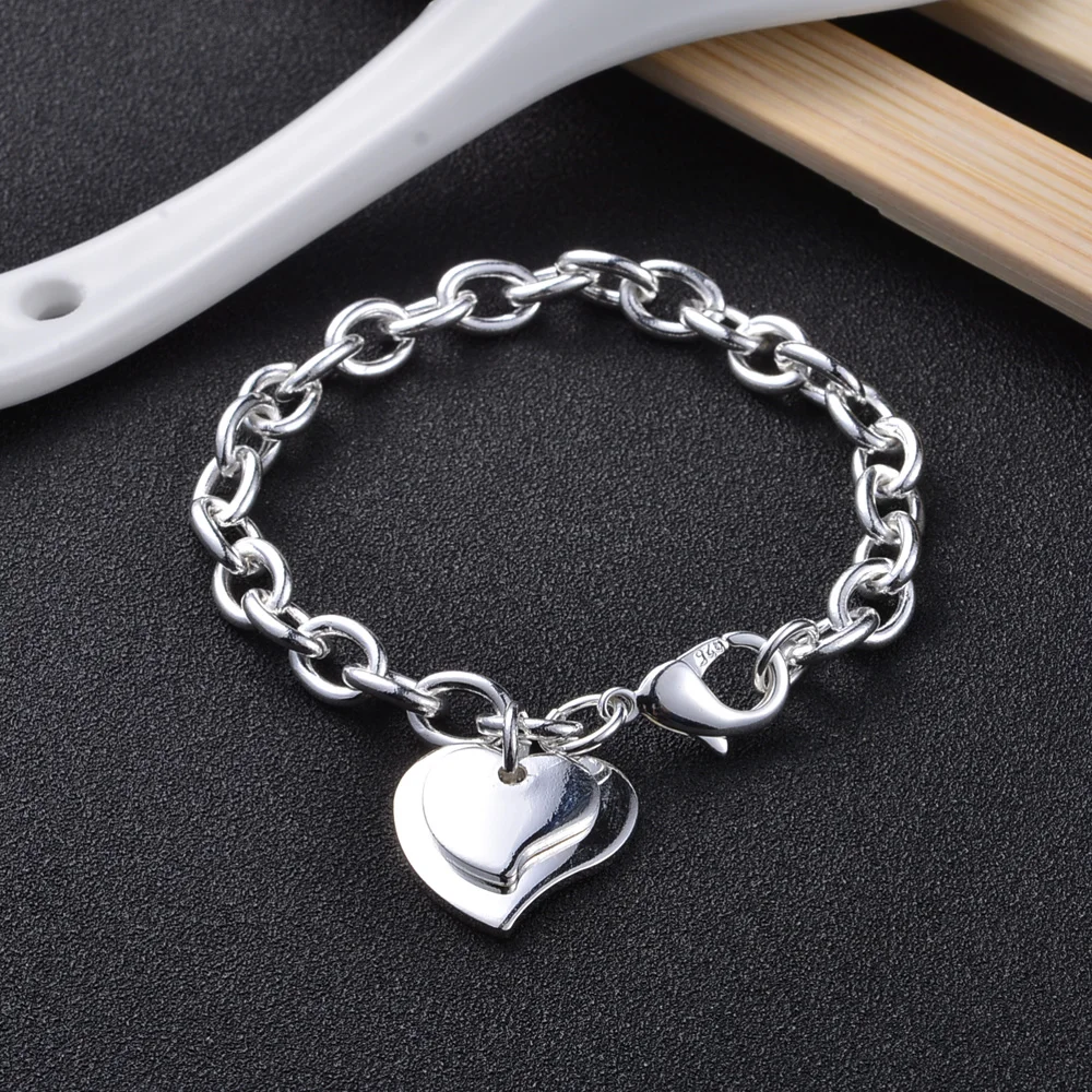 Charm Heart 925 Sterling Silver Chain Links Bracelet For Women Wholesale Bracelets 8'' Fashion
