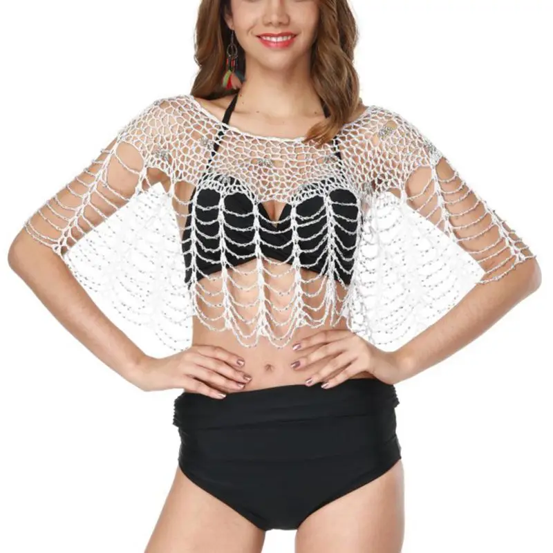  Summer Hollow Out Fishnet Bikini Cover Ups Tops Swimsuit Cover Sexy Crochet Floral Tassel Cape Pure
