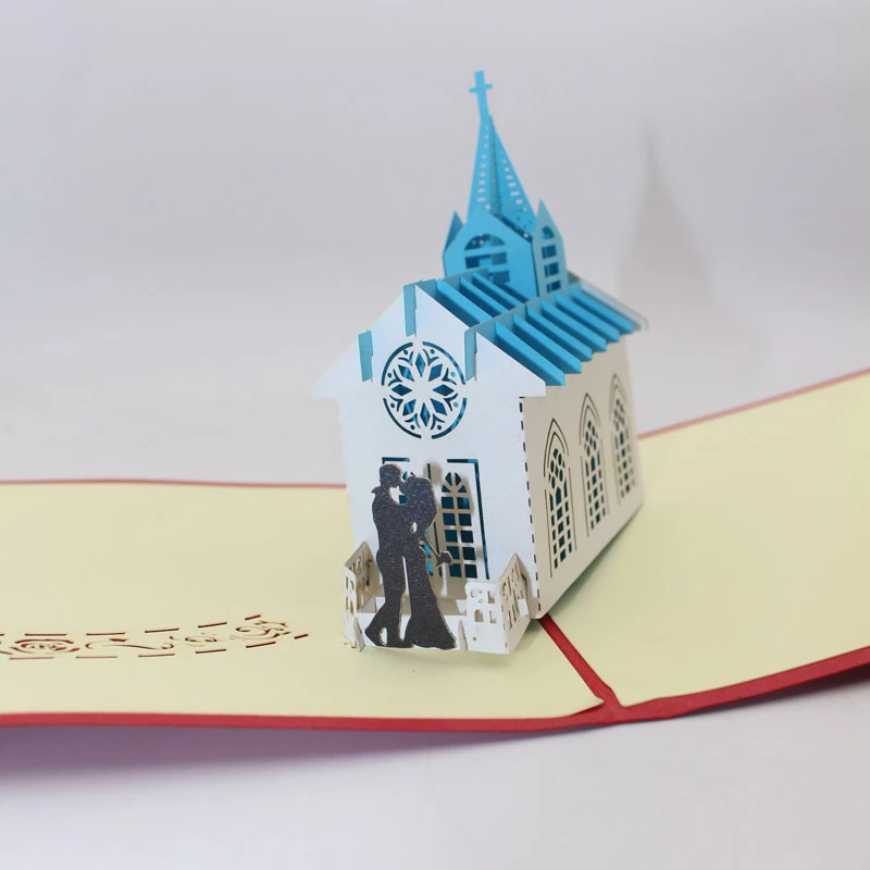  3D Handmade Blue Roof Church Paper Invitation Greeting Cards PostCard Valentine's Day Engagement We - 32913956585