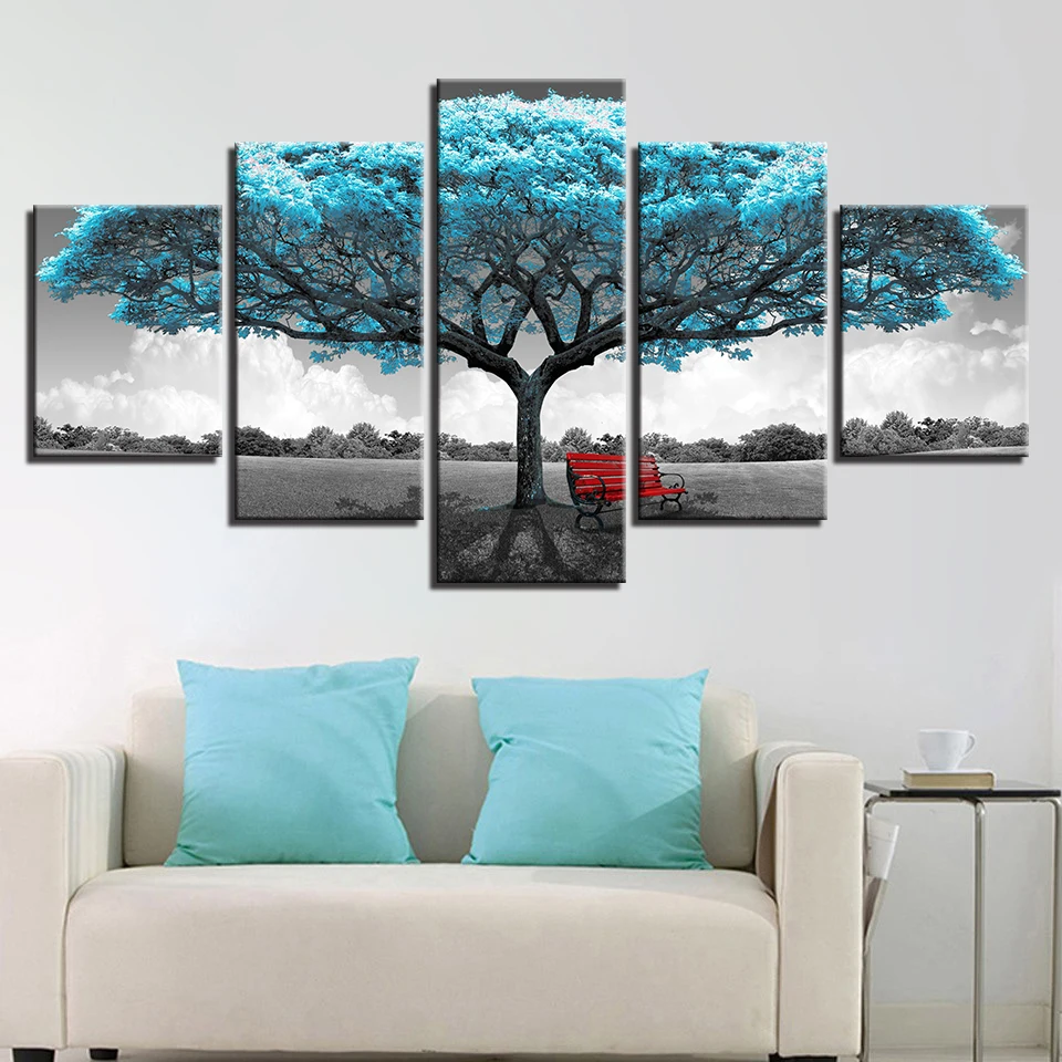 

Modern Printing Type Painting Modular Fashion Picture Wall Art 5 Panel Blue Tree Canvas Home Decoration For Living Room