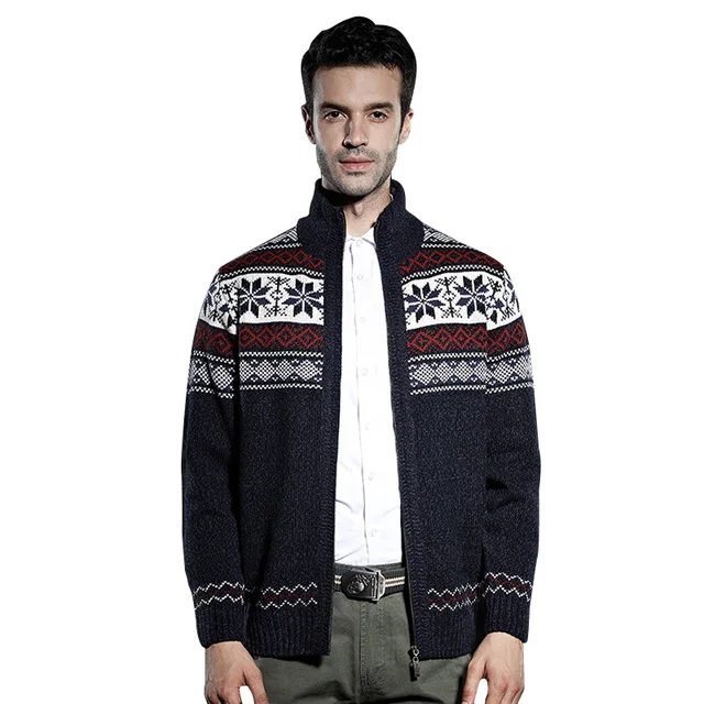 Mens Zip Knitted Cardigan Printed Sweater Vintage Pattern