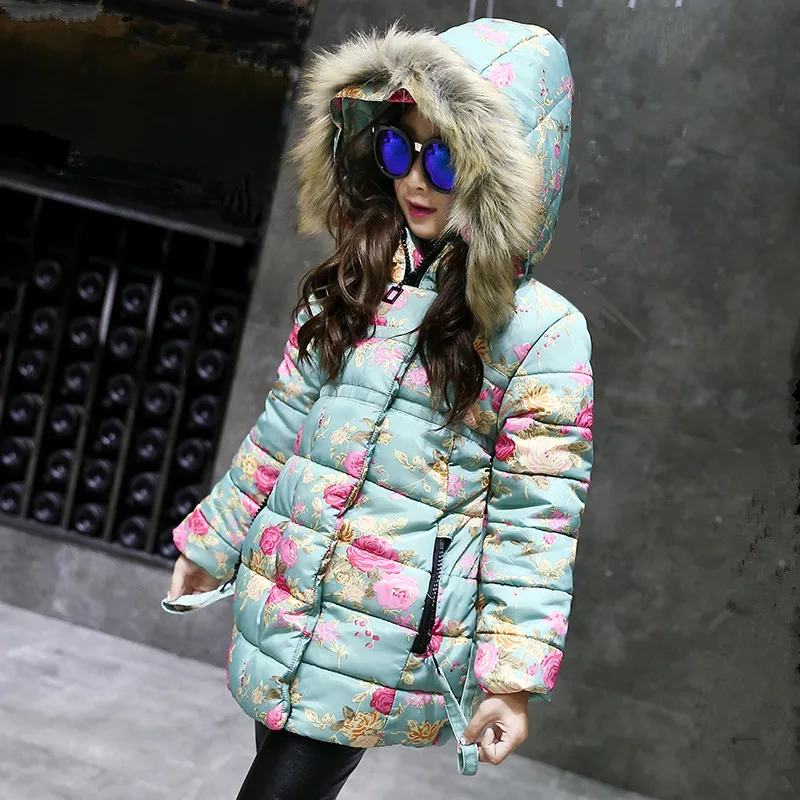 

new 2018 winter jackets girls coat with faux fur collar long parka kids clothes children clothing warm blue flower hooded coat