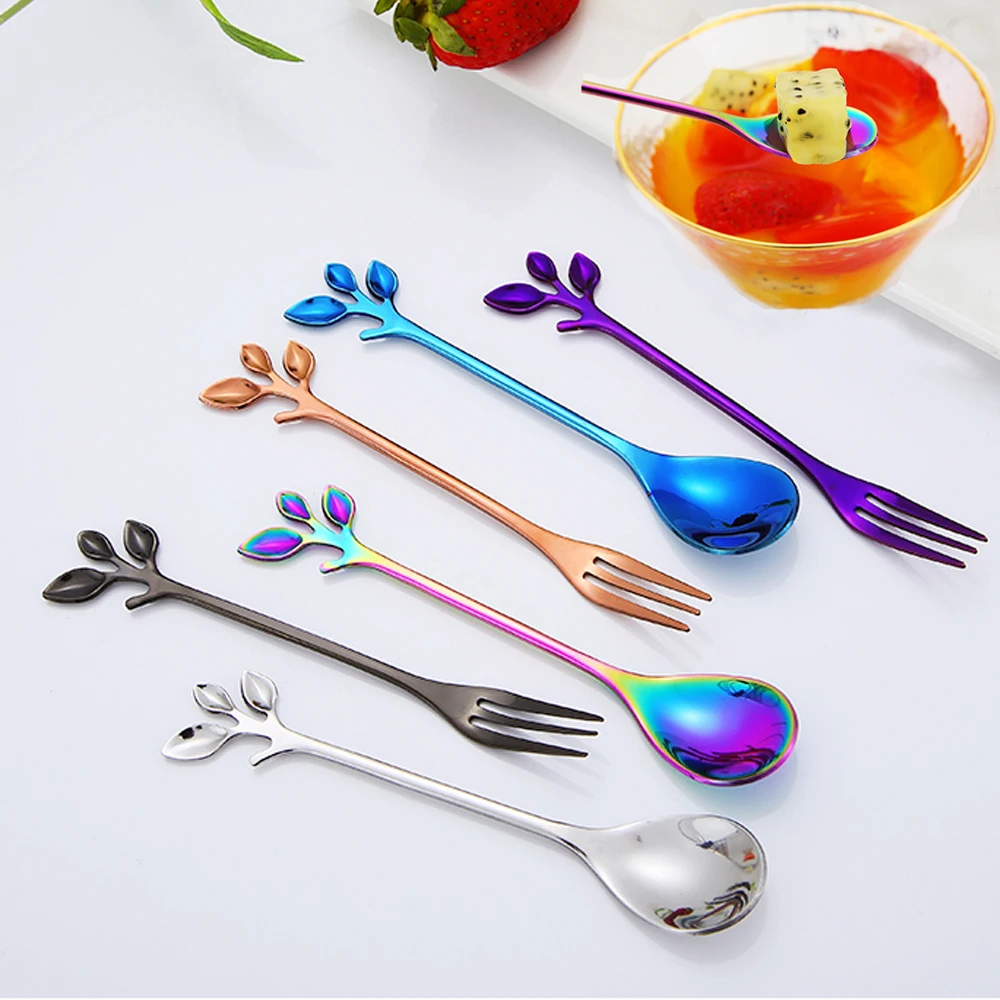 

1PC Stainless Steel Small Branches Leaf Pattern Coffee Tea Spoon Dinnerware Cutlery Fruit Dessert Fork Stir Spoon Utensils