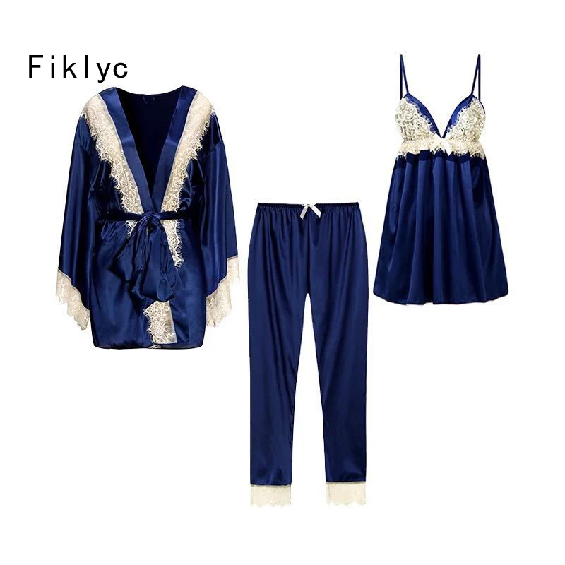 

Fiklyc brand women's lace satin pajamas set + bathrobe three pieces faux silk female nightwear sexy homewear summer nighties NEW