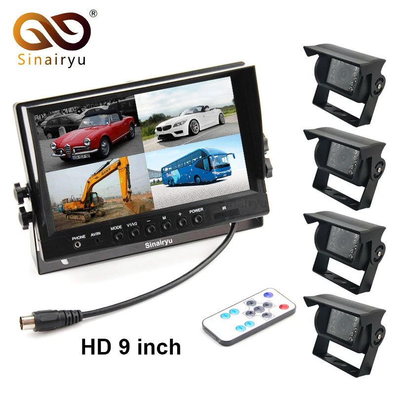 

Sinairyu Vehicle Backup Camera System, 9 Inch TFT LCD Monitor + 4PCS Rear View Camera Bus Truck Van Trailer RV Campers 12-24V
