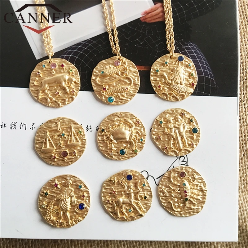 

CANNER 12 Constellations Gold Color Round Pendnat Necklace Fashion Jewelry Exquisite Coin Chain Choker for Women TW