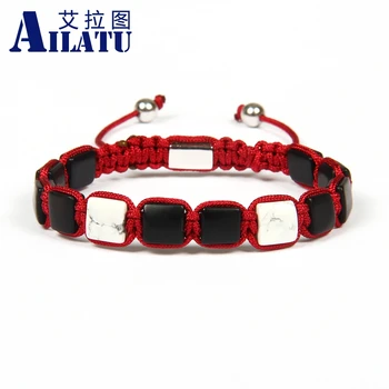 

Ailatu Wholesale 10pcs/lot 8x8mm Natural Matte Onyx and White Marble Stone Beads Geometric Braided Square bracelet