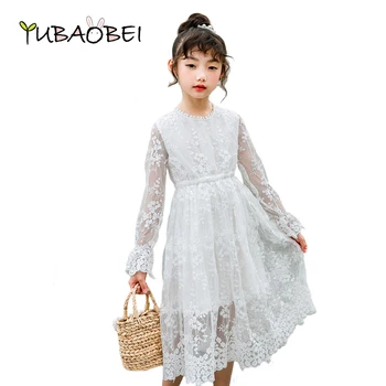 

Girls Lace Dress Spring Autumn Long-sleeved Princess 2020 Flower New Big Children's Girls Clothing White Embroidered Lace Dress