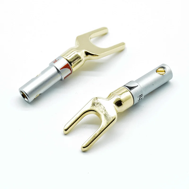 2pcs red+black Nakamichi Brass Gold plated and Silver Plated Y Spade Speaker Plugs Audio Screw Fork Connector Adapter