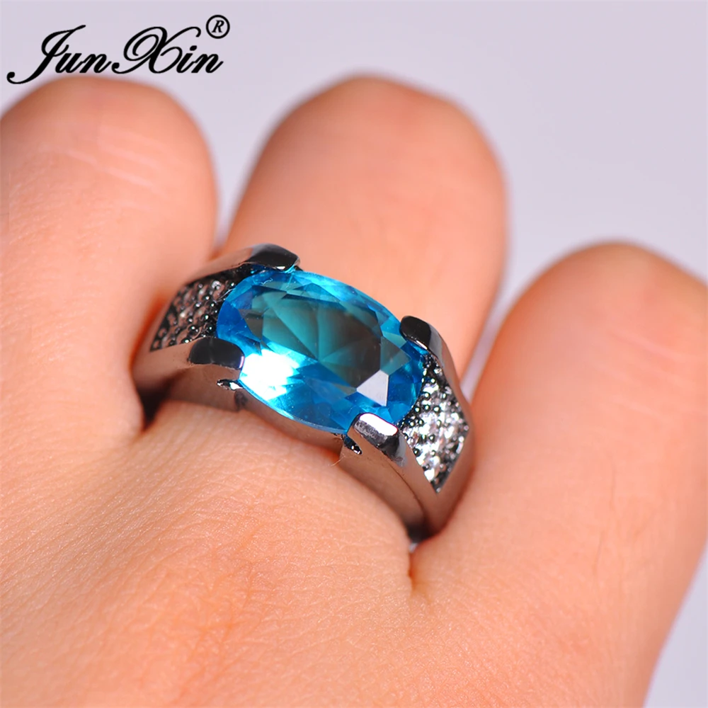 Мужское кольцо JUNXIN черное золотое овальное светло синее| |