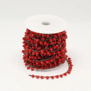 

3x4mm,Red Glass Rondelle Beads Chain Jewelry,Faceted Abacus Beads with Wire Wrapped Gun Black Links Necklace DIY