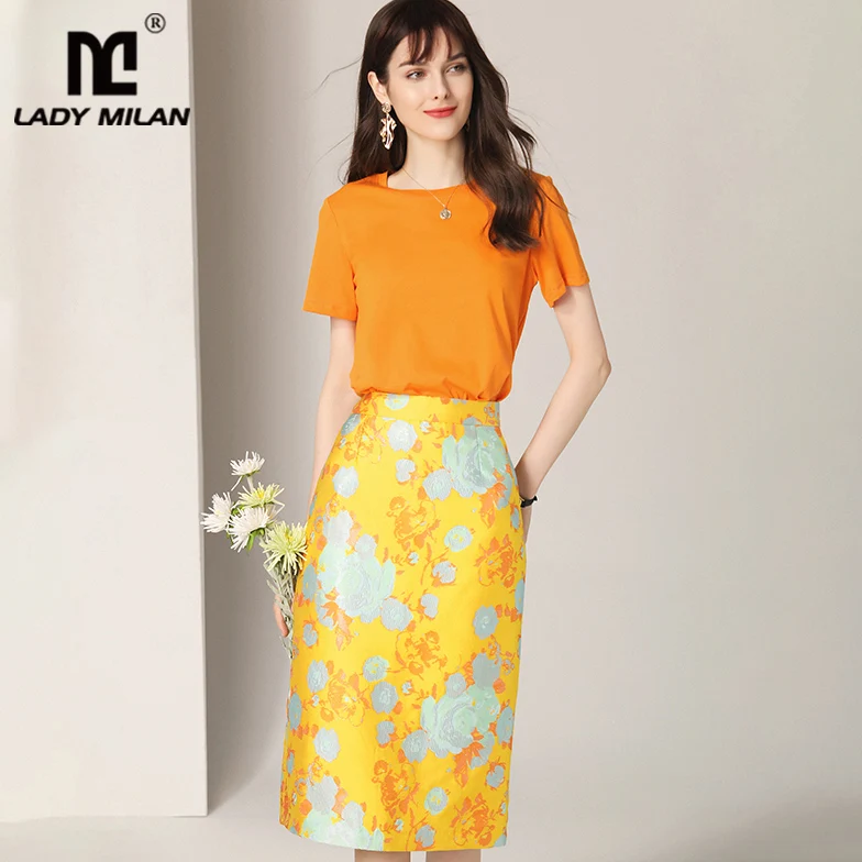 

Women's Runway Twinsets O Neck Short Sleeves T Shirts with Printed Dobby Pencil Skirts Two Piece Dresses Sets