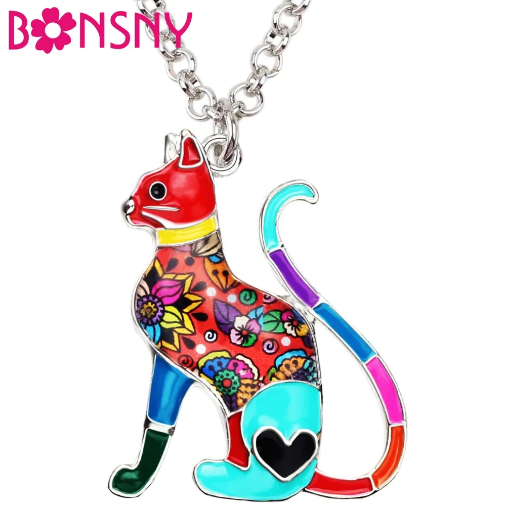 Bonsny Enamel Alloy Elegant Floral Kitten Cat Necklace Pendant Collar Fashion Animal Jewelry For Women Girl Lady Pet Lovers Gift