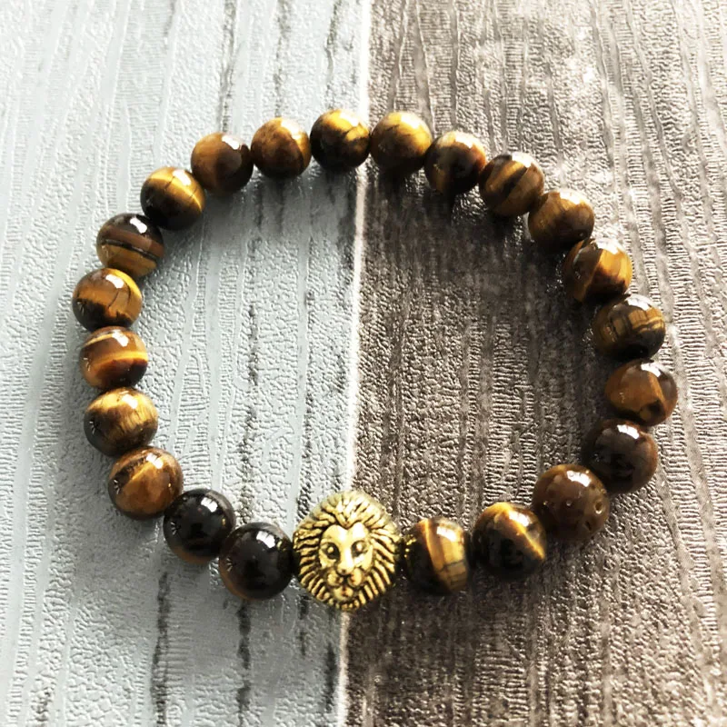 

8mm Grade AB+ Tiger's Eye Stone Bracelet With Lion Head Natural Stone Stretch Mala Wrist Gold Lion Beaded Bracelets For Men