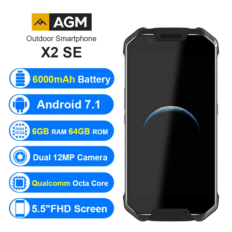 AGM X2 SE IP68 водонепроницаемый телефон 6 Гб 64 Гб MSM8976 Восьмиядерный 5," FHD 16MP+ 12MP Android 7,1 NFC Смартфон с отпечатком пальца