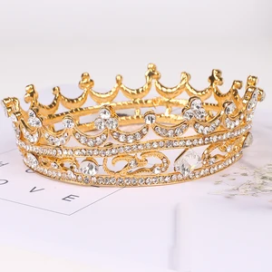 Vintage Full Round Gold Queen Crown Alloy Circle Crystal Wedding Tiara Beauty Prom Bride Rhinestone Hair Accessories For Women