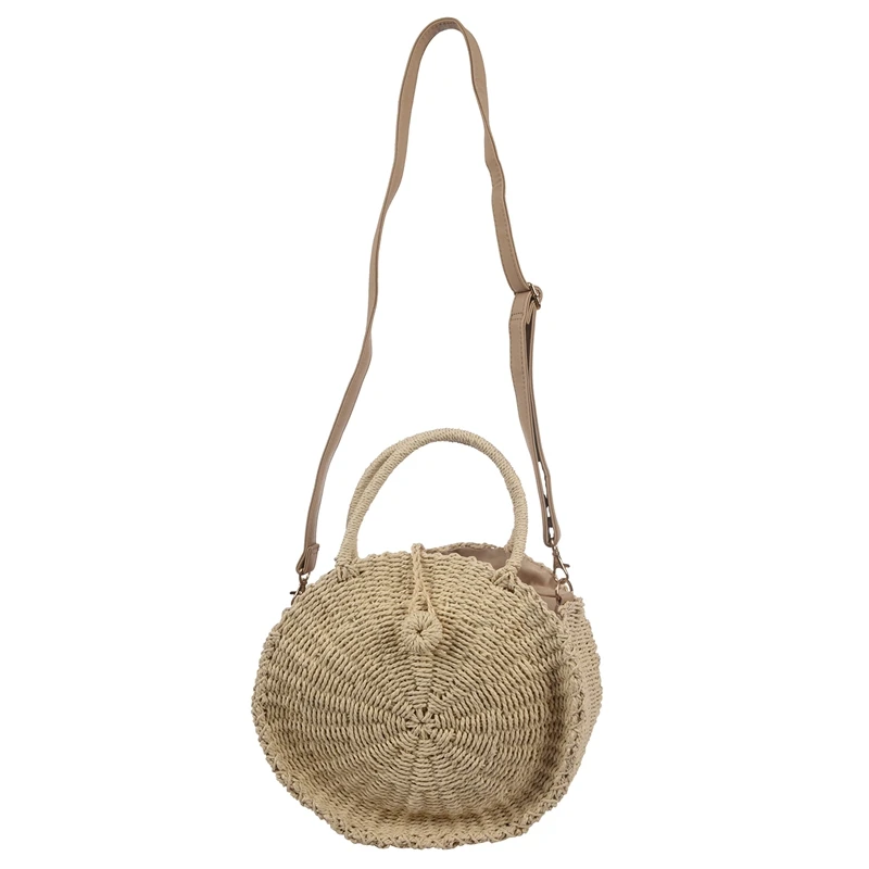 

Women Handmade Round Beach Shoulder Bag Bali Circle Straw Bags Summer Woven Rattan Handbags Women Messenger Bag Beige