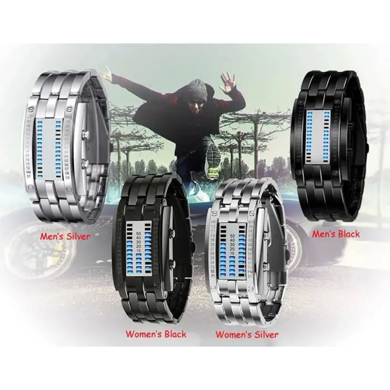 Future Technology Binary Watch Men's Women Black Stainless Steel Date Digital LED Bracelet Sport Watches