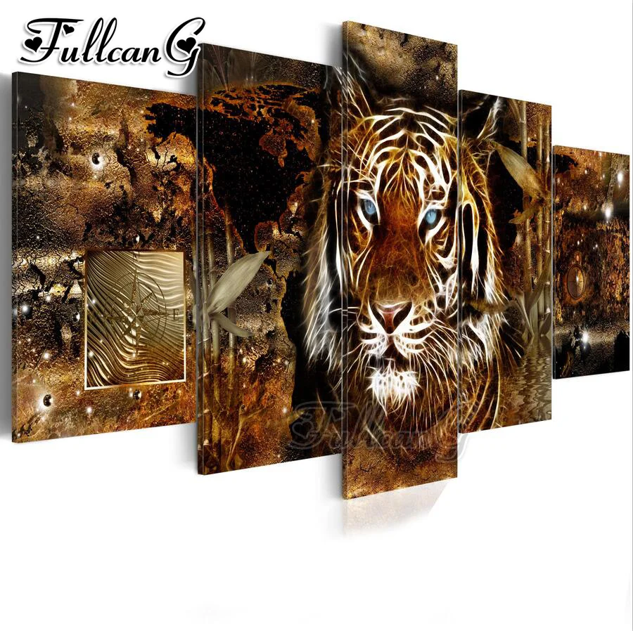 FULLCANG diy 5 pieces diamond painting abstract animal tiger picture full square/round drill 5d embroidery kits home decor FC844 | Дом и сад
