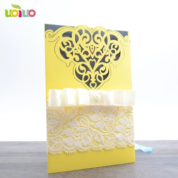 

free shipping 10set/lot wholesale Design Ribbons Flower Bow Laser Cut Wedding pocket Invitations Cards open on the top