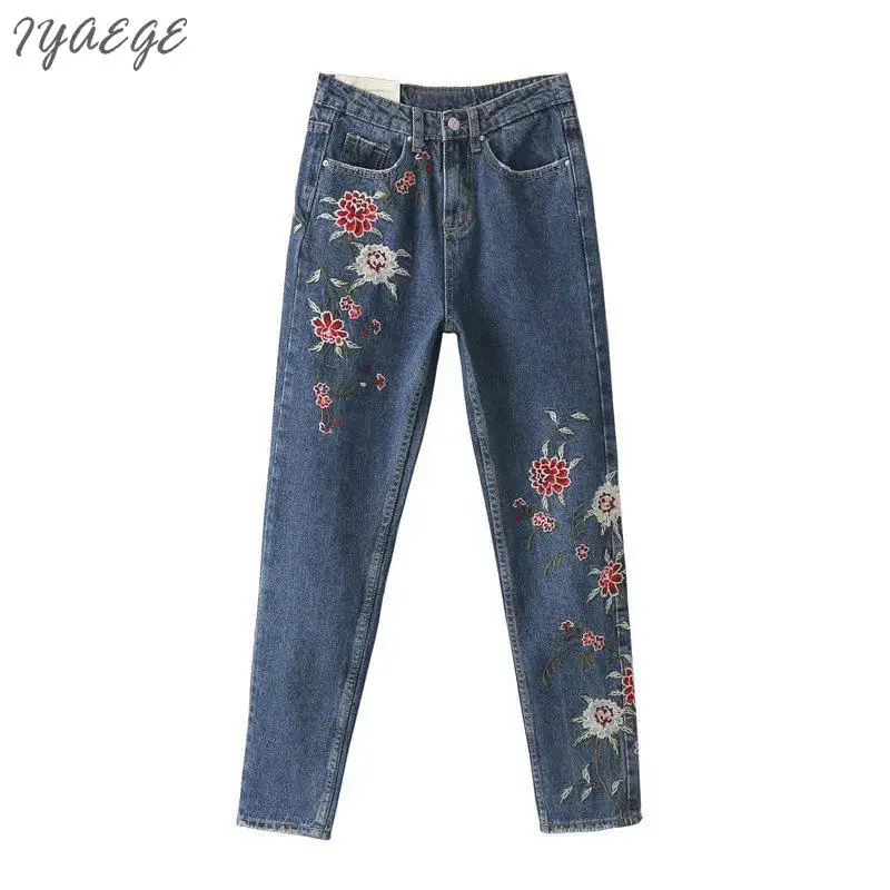 Delle donne A Vita Alta Con Fiori Ricamati Jeans Per Le Donne Denim di Modo  Femme Fiore Djintsi Sottili Pantaloni Scarni Femminili Mujer|high  waist|women highhigh waist women - AliExpress