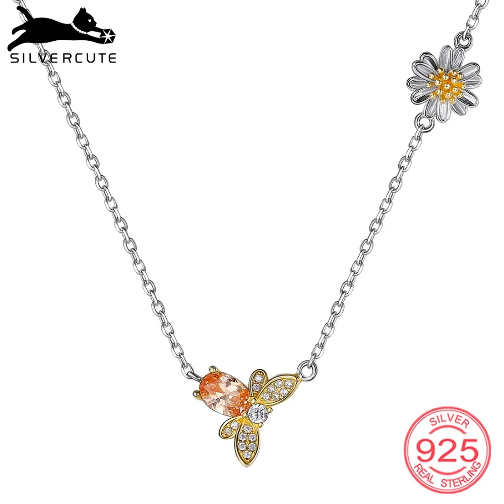 SILVERCUTE Bee ожерелье с цветок ромашка 925 серебро оранжевый камень насекомое кулон s