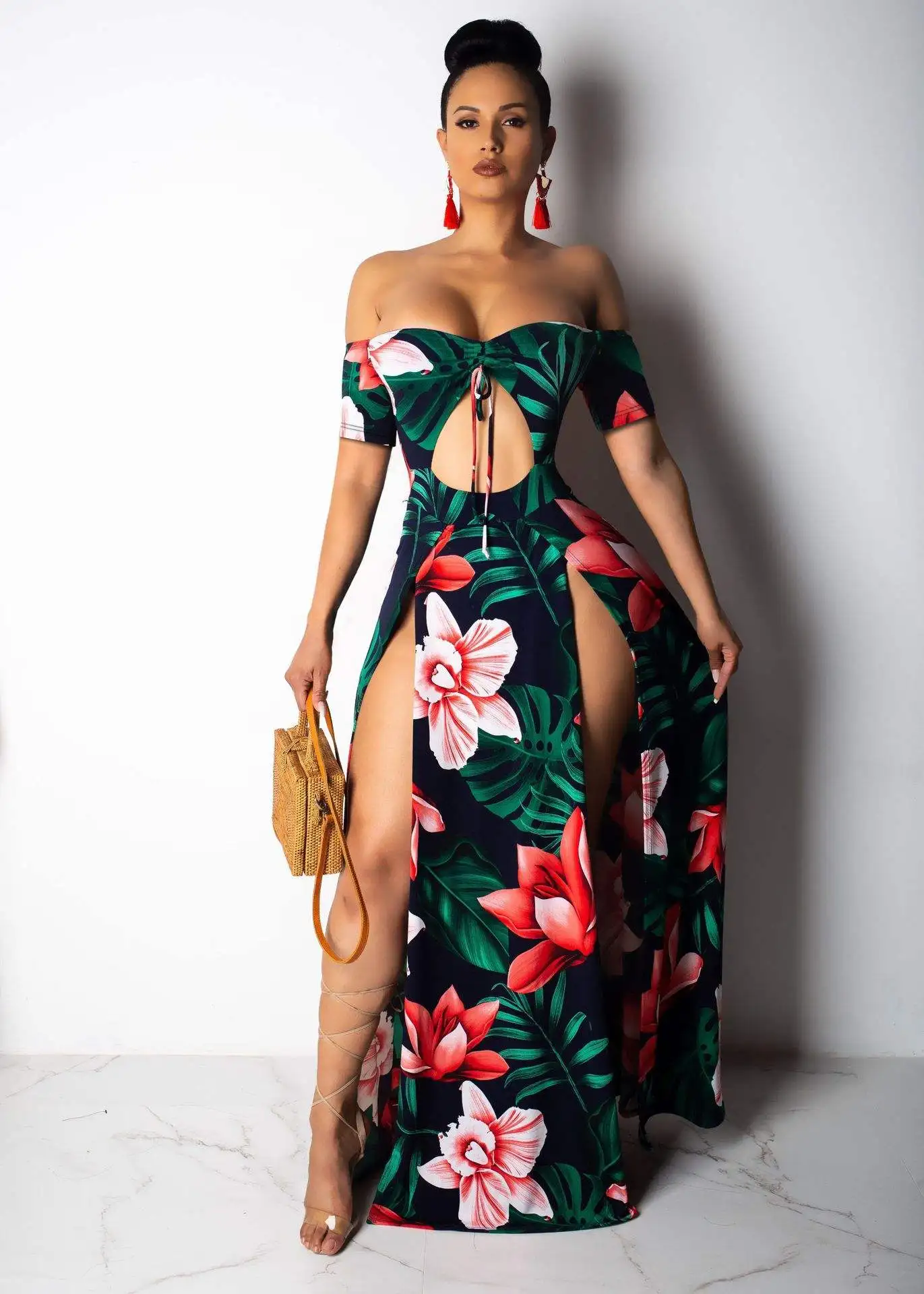 Fashion Women Summer Boho Floral Long Maxi Split Party Beach Dress Sundress