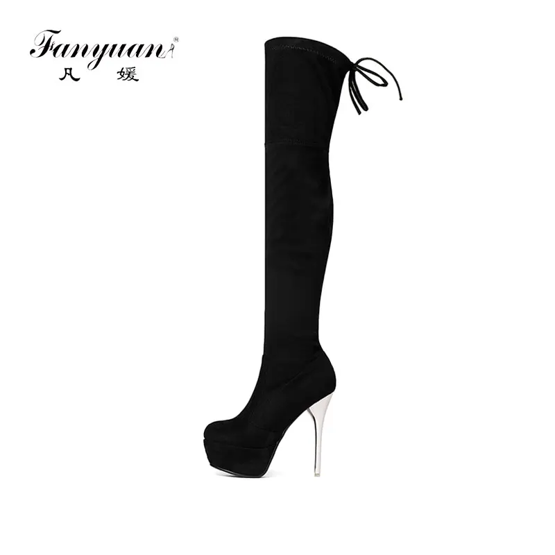 

Fanyuan Over-The-Knee Boots Winter Heeled Shoes Woman Platform Thigh High Boots Women Stiletto Heels Lace Up Sock Boots Female