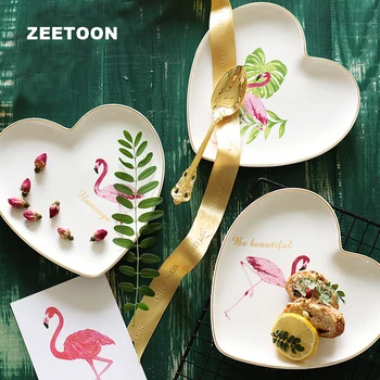 

Ins Creative Flamingo Plate Ceramic Porcelain Heart-shaped Pastry Dish Spaghetti Plates Fruit Saucer Home Tableware Dinnerware