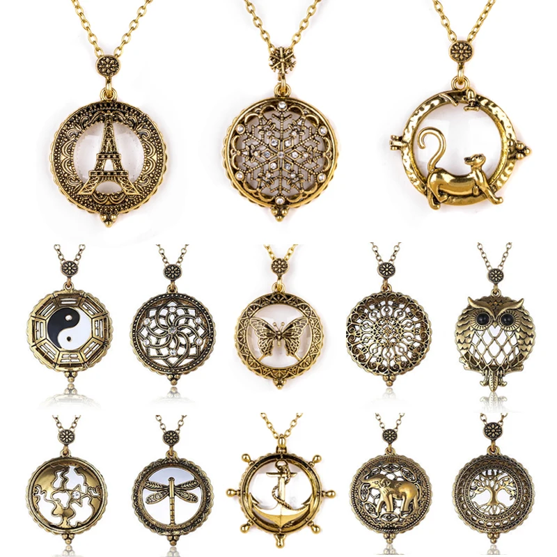 

Vintage Life of Tree Cat Owl Pendant Gold Necklace For Women Men Statement Art Magnifying Glass Cabochon Long Chain Jewelry Gift