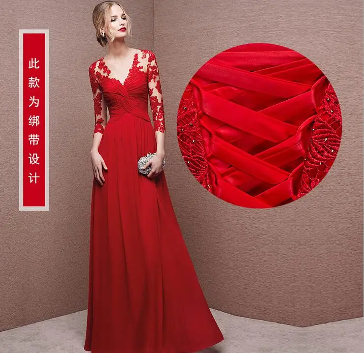 Free Shipping 2016 New Evening Dress three Quarter Sleeve Lace V Collar Red Banquet Sisters Up | Свадьбы и торжества