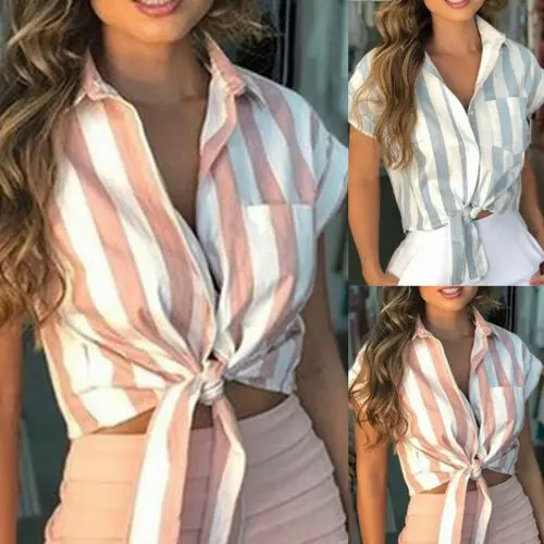 

Summer Women Tops Casual Short Sleeve V-Neck Fashion Women Blouse Shirt Print Blouses Ladies Crop Tops Striped Top Design Top