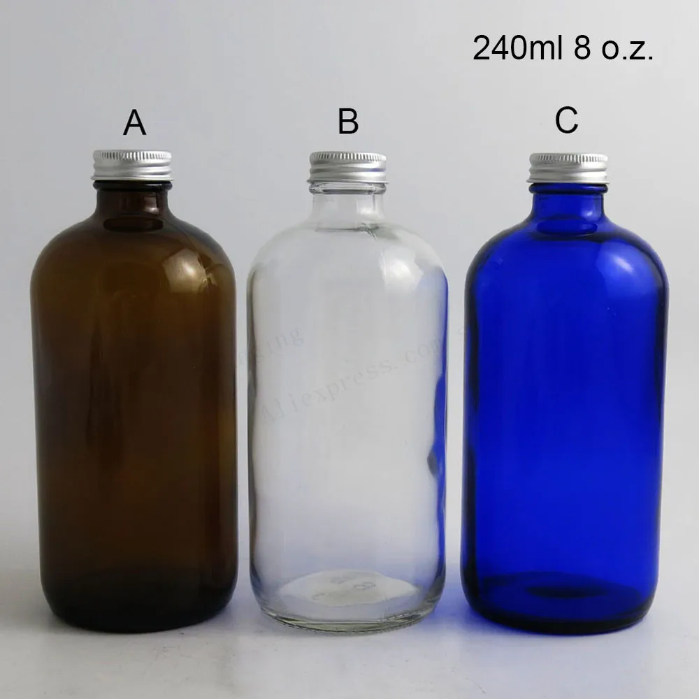 2x240 мл большая многоразовая Бостонская круглая стеклянная бутылка с алюминиевой крышкой 8 унций синий янтарный прозрачный стеклянный контейнер упаковка