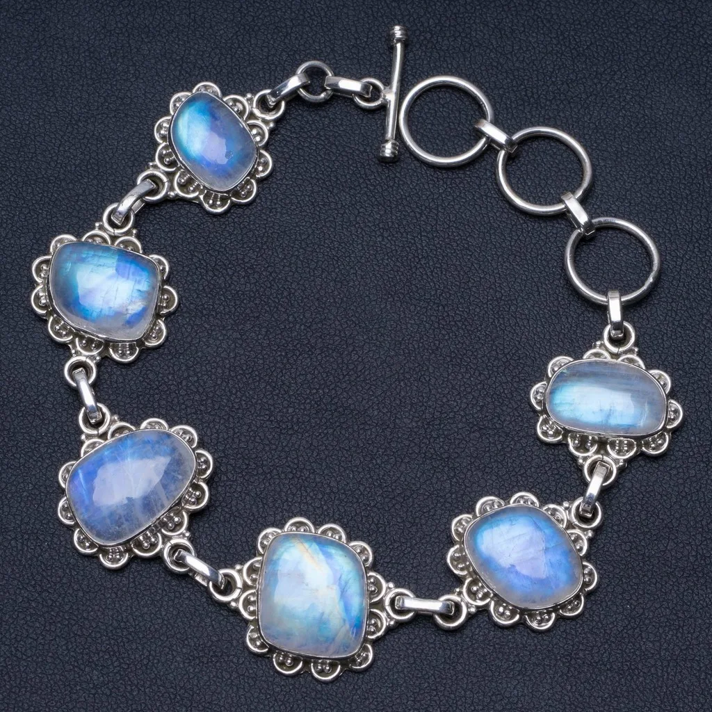 

Natural Rainbow Moonstone Unique Punk Style 925 Sterling Silver Bracelet 7 1/4-8 1/4" P2336