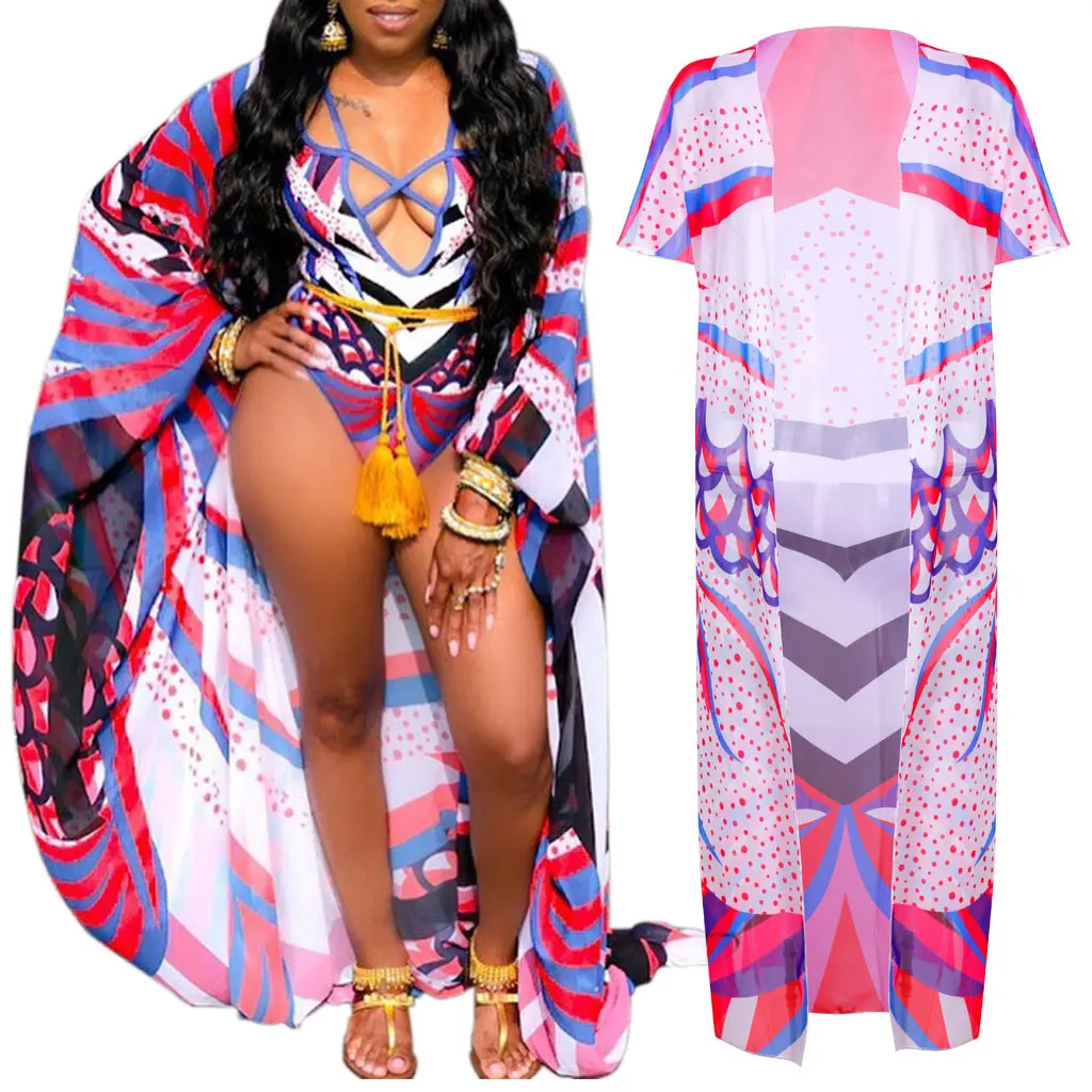 

Women Sexy Two Piece Bikini Set Strappy Bandage Deep V-Neck Monokini Ethnic Polka Dot Stripe Short Sleeve Maxi Cardigan Swimsuit
