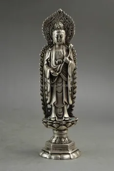 

Old Handwork Miao Silver Carved Tibet Kwan-Yin Barefoot On Lotus Elegant Statue