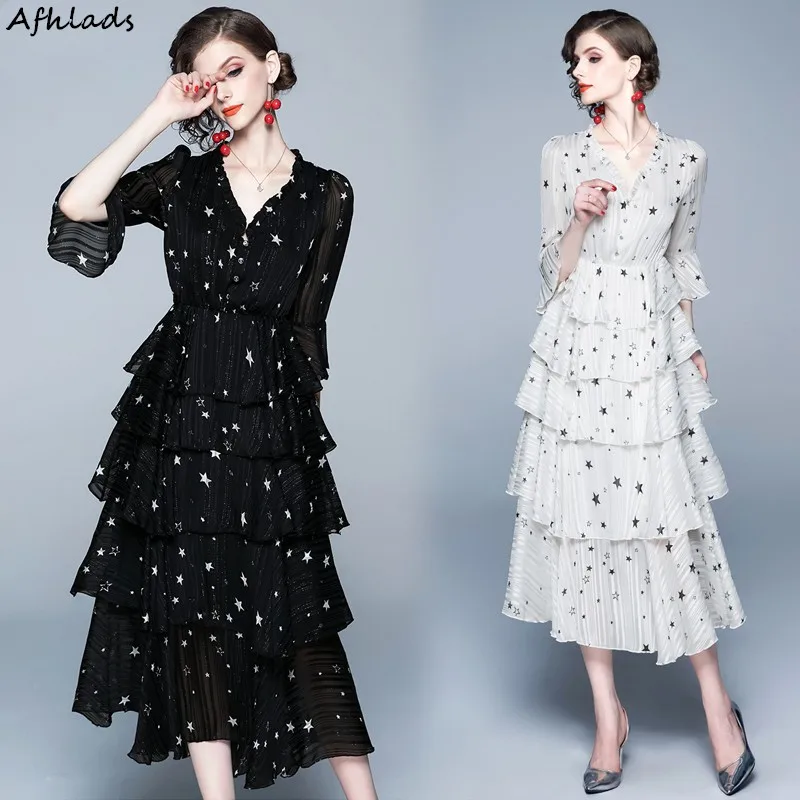 

Spring And Summer Slim Printed Chiffon Cake Dress V-Neck Butterfly Sleeve Elastic Waist Ruffles Elegant Holiday Long Dress