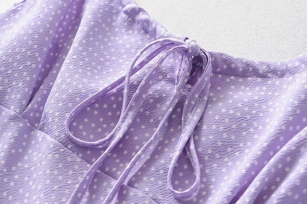 Bazaleas Франция Спагетти ремни фиолетовое винтажное платье-миди Mauve горошек печати летнее платье Мода vestidos тонкий Прямая поставка