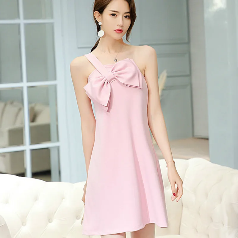 

2019 summer dress Korean One side sling Sexy plus size sleeveless Bow women dress fashion casual Solid color mini Party dress
