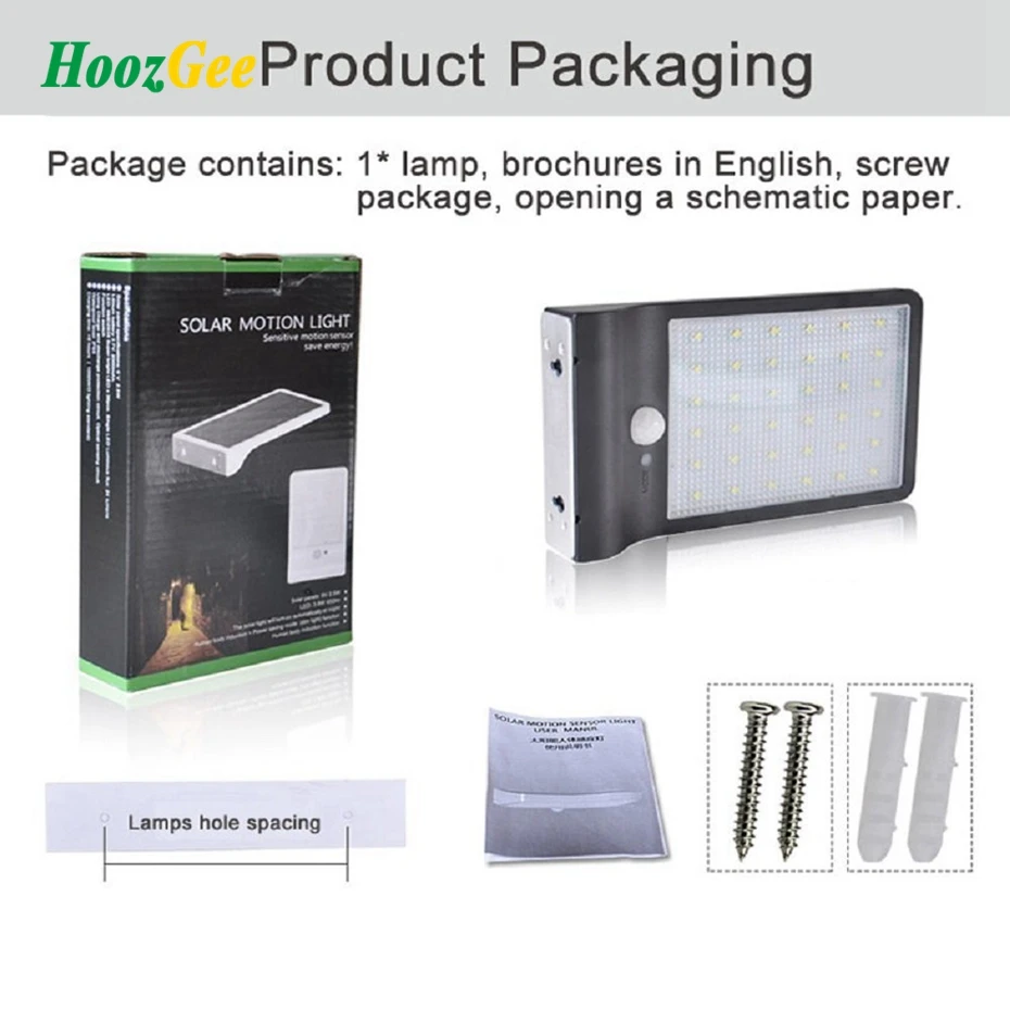 HoozGee Wall Light 450LM Waterproof 36 LED Solar Power Street Lights PIR Motion Sensor Lamp Outdoor Garden Patio Security Lamps