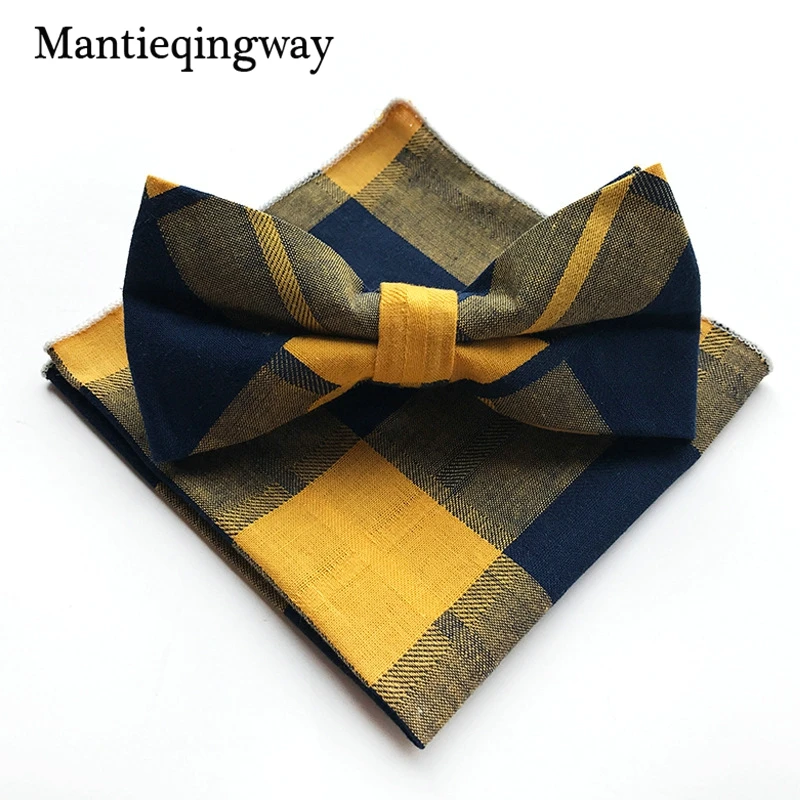 Mantieqingway 2017 плед хлопок 6 см свадебные Боути 25*25 см Pocket Square Set для Для мужчин Бизнес Gravatas Для мужчин костюм с галстуком платок