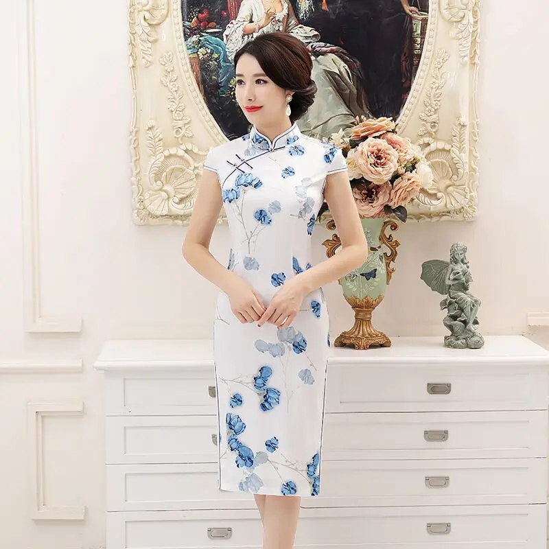 

Fashion Chinese Style Knee Leng Cheongsam New Arrival Women's Rayon Dress Elegant Qipao Vestidos Size S M L XL XXL XXXL 579