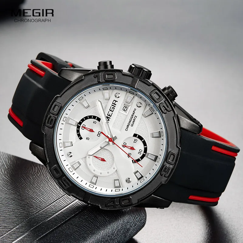 MEGIR спортивные кварцевые часы с хронографом для мужчин, силиконовый ремешок, военные армейские светящиеся водонепроницаемые наручные часы Relogios 2055G-BK-7