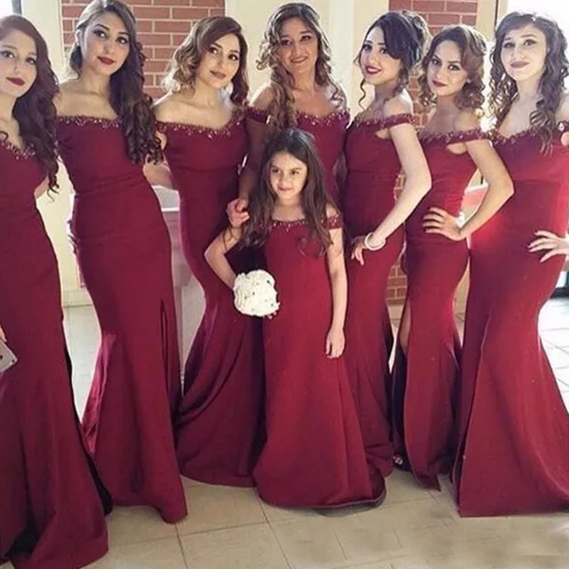 Us 129 0 Burgundy Bridesmaid Dresses Crystal Sequins Beaded Bridal Gown Wine Red Robe De Soiree Plus Size Custom In From Weddings
