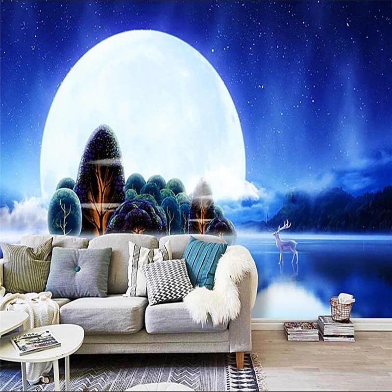 wellyu papel de parede Romantic beautiful moon blue forest deer dark night empty wall custom large fresco green wallpaper | Обустройство