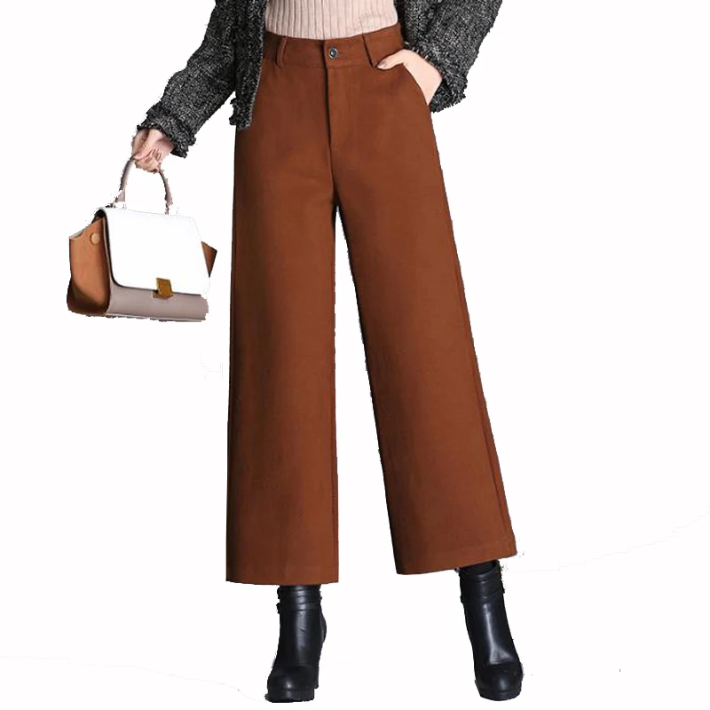 Новое поступление, зимние теплые женские шерстяные штаны длиной до лодыжки, толстые брюки с высокой талией, свободные рабочие женские офисные штаны, широкие штаны