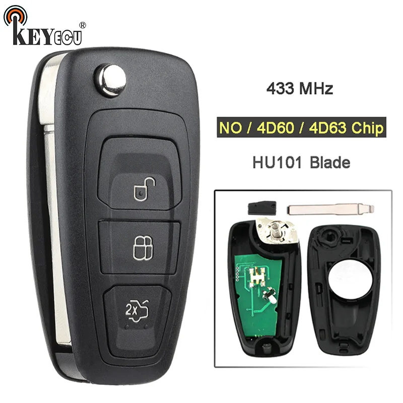 KEYECU 1x/2x433 МГц NO/4D60/4D63 чип дистанционный ключ-брелок от машины 3 кнопки для Ford подключения Фокус Mondeo Fiesta Transit C Max HU101